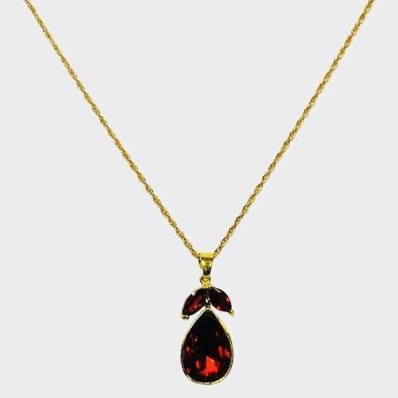 Vintage Red Rhinestone Pear Pendant Necklace 24" Gold Tone - Picture 8 of 16